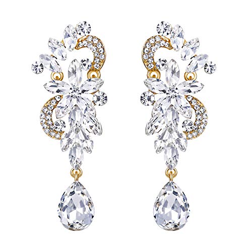 BriLove Wedding Bridal Dangle Earrings for Women Bohemian Boho Crystal Flower Chandelier Teardrop Bling Jewelry Clear Gold-Toned - Image 1