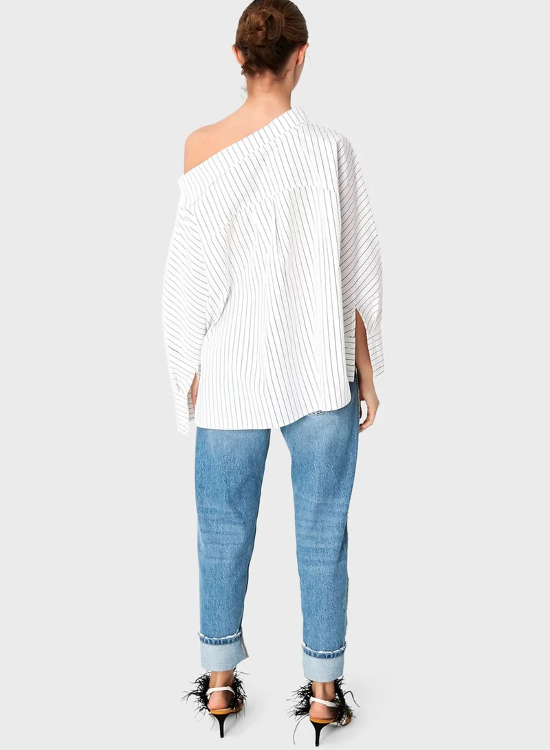 Twist Collar Detail Boat Neck Striped Top