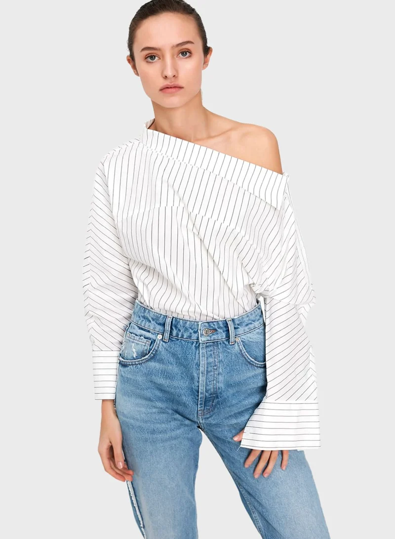 Twist Collar Detail Boat Neck Striped Top