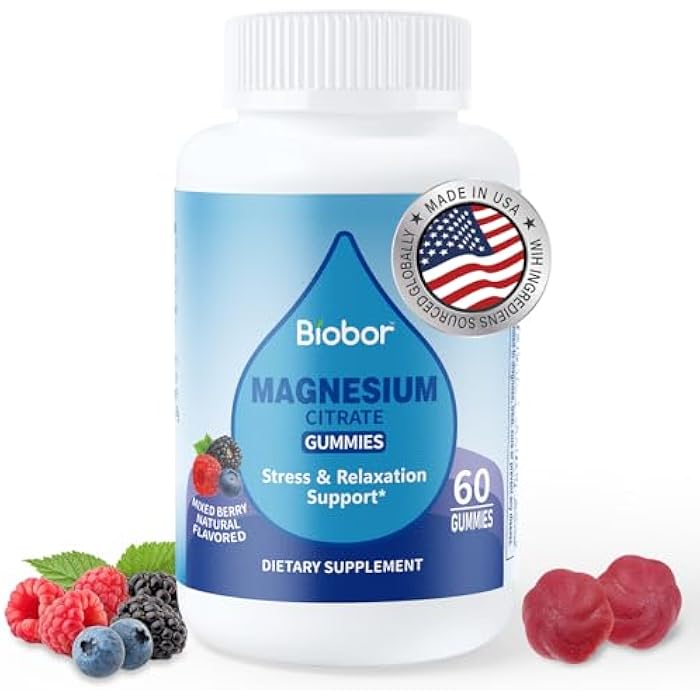 Biobor Magnesium Citrate Gummies 200mg for Adults, High Absorption Magnesium Supplement for Leg Cramps, Stress Relaxation, Muscle Health, No Artificial Colors or Flavors, Gluten Free, Vegetarian - Image 1