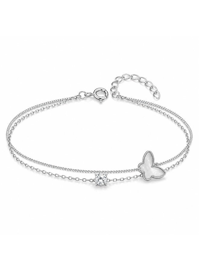 FINE SILVER Luxury 925 Sterling Silver Butterfly Double-Layer Bracelet for Women - Elegant Mother of Pearl Butterfly & Sparkling CZ Stone Bracelet - Adjustable Gift for Her - Image 1
