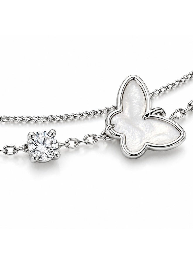 FINE SILVER Luxury 925 Sterling Silver Butterfly Double-Layer Bracelet for Women - Elegant Mother of Pearl Butterfly & Sparkling CZ Stone Bracelet - Adjustable Gift for Her - Image 2