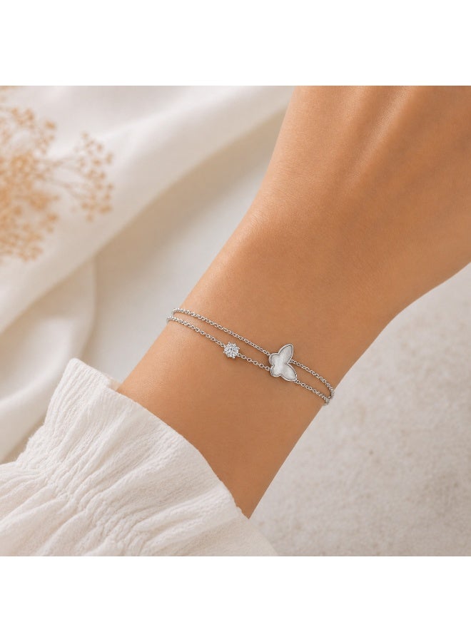 FINE SILVER Luxury 925 Sterling Silver Butterfly Double-Layer Bracelet for Women - Elegant Mother of Pearl Butterfly & Sparkling CZ Stone Bracelet - Adjustable Gift for Her - Image 3