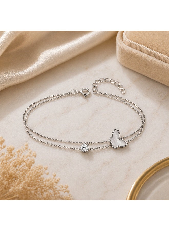 FINE SILVER Luxury 925 Sterling Silver Butterfly Double-Layer Bracelet for Women - Elegant Mother of Pearl Butterfly & Sparkling CZ Stone Bracelet - Adjustable Gift for Her - Image 4