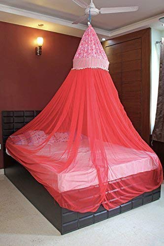 Creative Textiles Ceiling Hanging Mosquito Net I Machardani for Double Bed I Canopy Circular Curtain for Bedroom I Keeps Away Insects and Flies-Red - Image 1