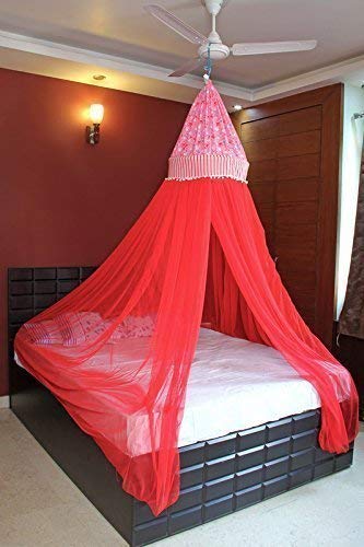 Creative Textiles Ceiling Hanging Mosquito Net I Machardani for Double Bed I Canopy Circular Curtain for Bedroom I Keeps Away Insects and Flies-Red - Image 2