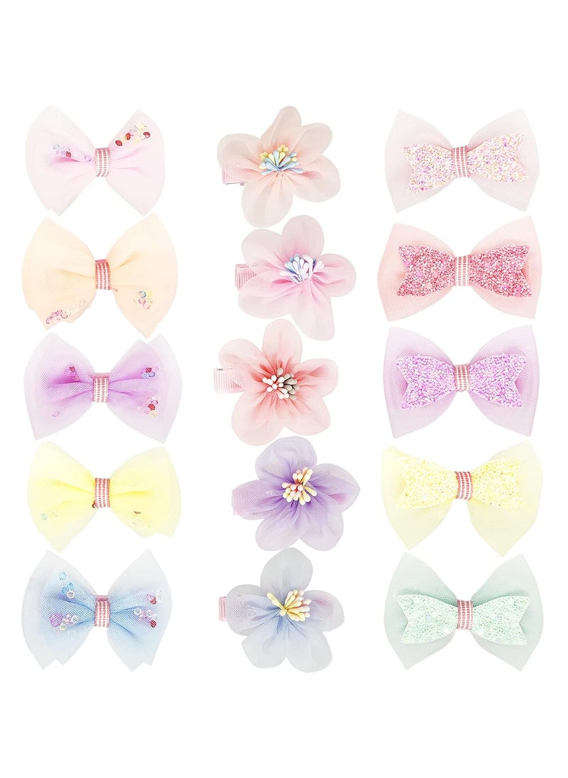 BETITETO Tulle Glitter Hair Bows for Girls BETITETO 15 Pieces Cute Handmade Flower Rhinestone Alligator Hair Clips Nonslip for kids Women 