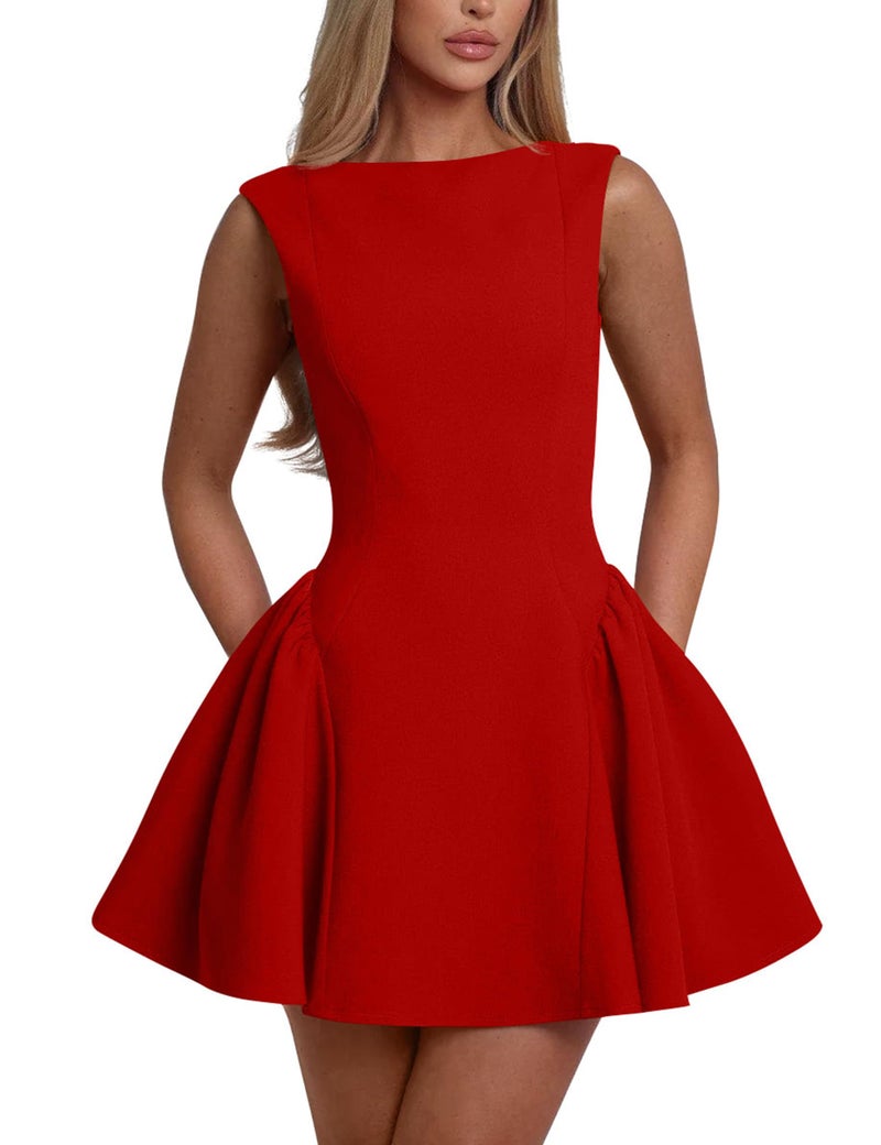 YMDUCH Women's Summer Sleeveless Crew Neck Backless A-line Mini Party Prom Dress Red - Image 1