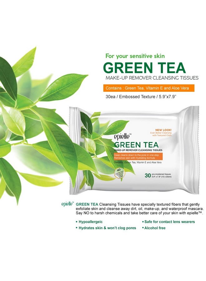 Epielle New Makeup Remover Cleansing Wipes Tissue - Cucumber 30 Count 6 Pack | Gentle for all Skin Types | Daily Facial Cleansing Towelettes | Removes Dirt, Oil, Makeup (Green Tea) - Image 2
