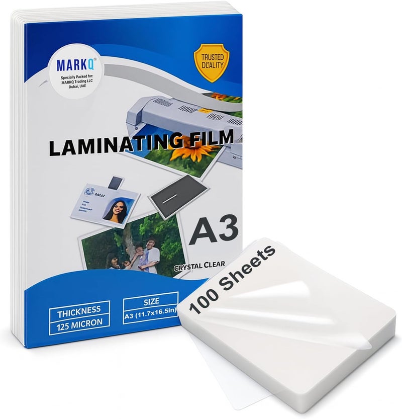 MARKQ Laminating Pouches A3 (297 x 420 mm), 125 Micron Thickness | 100 Sheets Durable Glossy Finish for Professional Document Protection, Certificates & Important Documents, Pack of 100 Sheets - Image 1