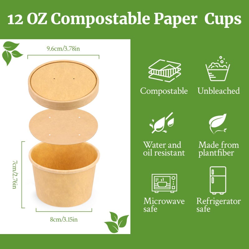 Giwrmu 12 oz 25 Pack Paper Soup Cups with Lids  Compostable Soup Containers  Disposable Paper Cups with Vented Lids for Microwave  Refrigerator  On-the-Go  Ice Cream  Hot Soup  Fruits with PLA Lined - Image 2