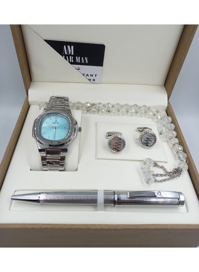 ANEMAR MAN A high-quality, elegant men's gift set including a watch, pen, prayer beads, cufflinks, and a silver bracelet with a sky-blue dial.