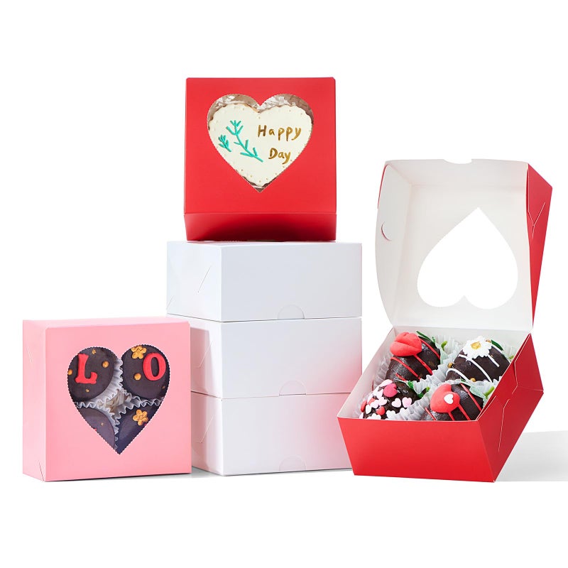 JCXGRVC 24PCS 4x4x2 Heart Shaped Window Bakery Boxes in White, Pink, Red - Perfect for Strawberry, Cookies, Mini Bundt Cakes, Chocolate Truffles & Small Desserts-Wedding and Party Favors - Image 1