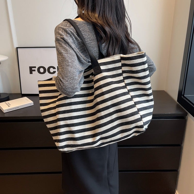 Korean Style Striped Large Capacity Canvas Bag Women'S Bag 2023 New Lazy Style Hand Bag Mummy Bag Shoulder Tote Bag - Image 3