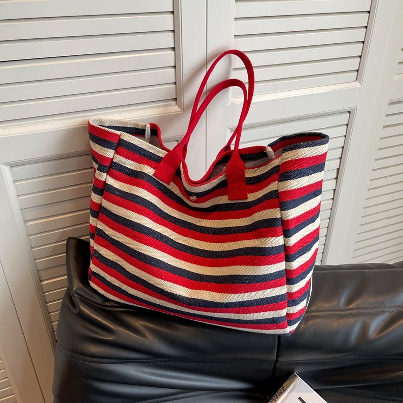 Korean Style Striped Large Capacity Canvas Bag Women'S Bag 2023 New Lazy Style Hand Bag Mummy Bag Shoulder Tote Bag - Image 5