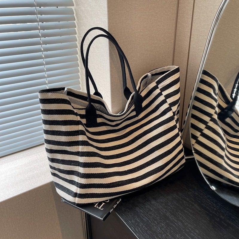 Korean Style Striped Large Capacity Canvas Bag Women'S Bag 2023 New Lazy Style Hand Bag Mummy Bag Shoulder Tote Bag - Image 2