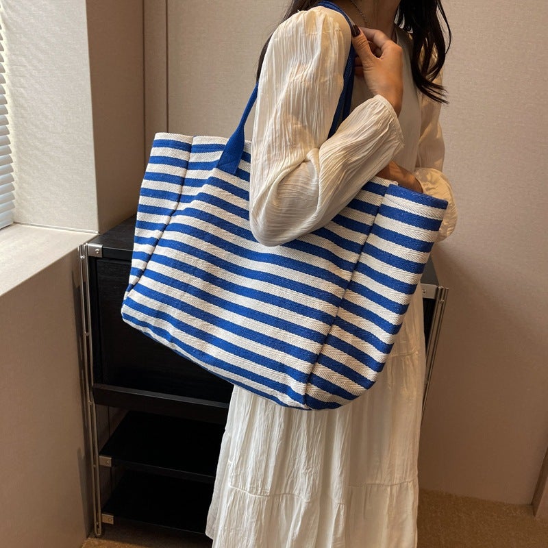 Korean Style Striped Large Capacity Canvas Bag Women'S Bag 2023 New Lazy Style Hand Bag Mummy Bag Shoulder Tote Bag - Image 4