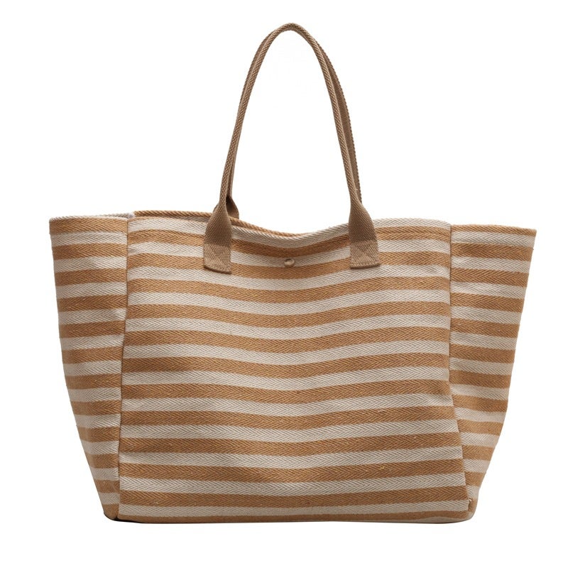 Korean Style Striped Large Capacity Canvas Bag Women'S Bag 2023 New Lazy Style Hand Bag Mummy Bag Shoulder Tote Bag - Image 1