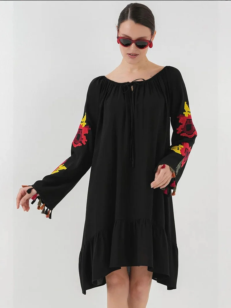 BDART Embroidered Midi Dress with Ruffle and Tie Closure