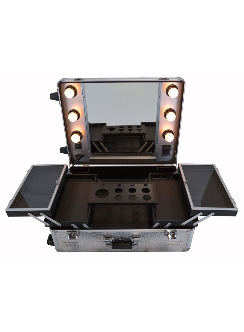 MAYLAN Makeup Train Stand Case With Pro Studio Artist Trolley And Lights, Silver  Medium - Image 3