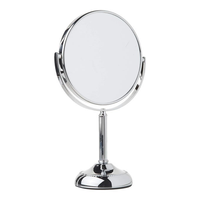 TWOSIDED TABLETOP MAKEUP VANITY MIRROR 10X1X MAGNIFICATION SWIVEL DESIGN 6INCH DIAMETER PORTABLE MIRROR POLISHED CHROME FINISH MODEL JP910CB