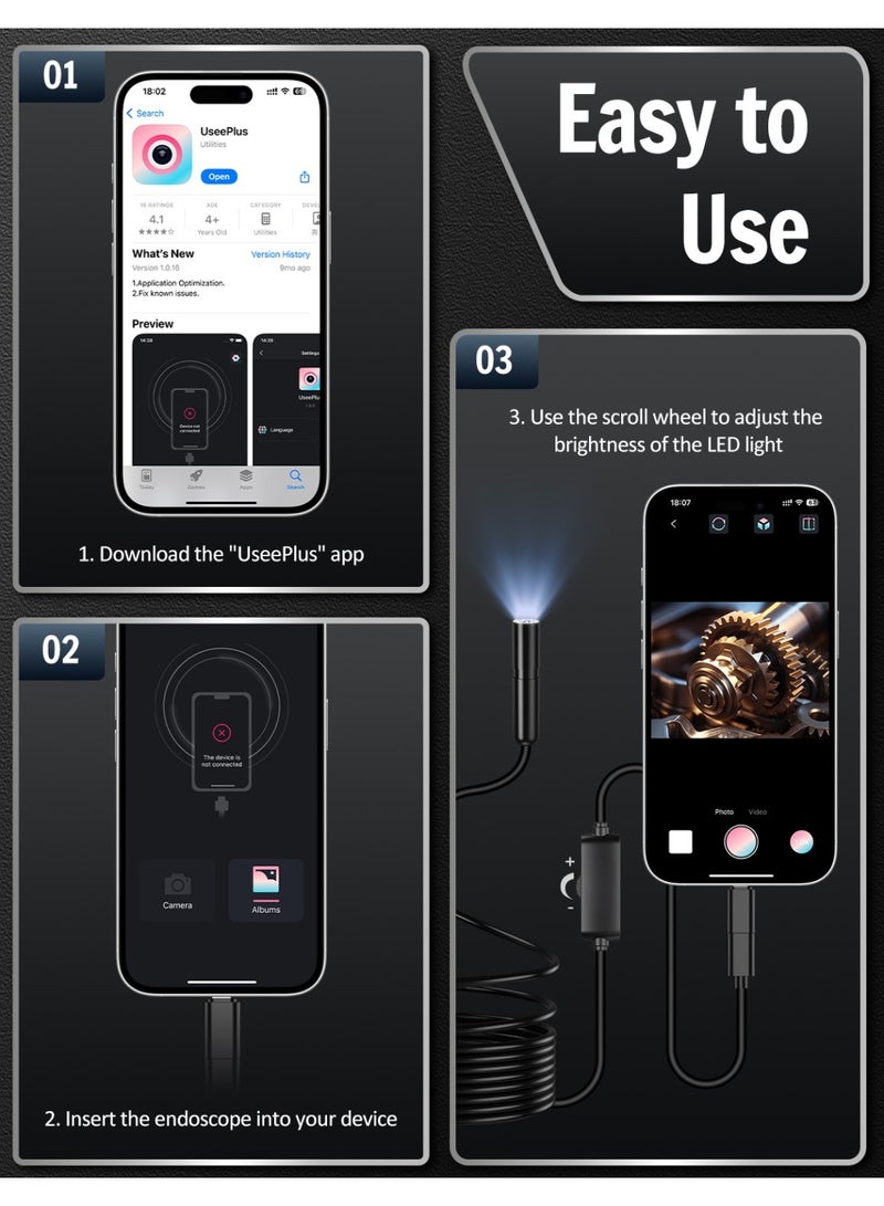 1920P HD Industrial Endoscope Camera with 8 Adjustable LED Lights, 70° Viewing Angle, IP67 Waterproof Borescope, Semi-Rigid Snake Inspection Tool for Automotive, Plumbing & HVAC - Image 3