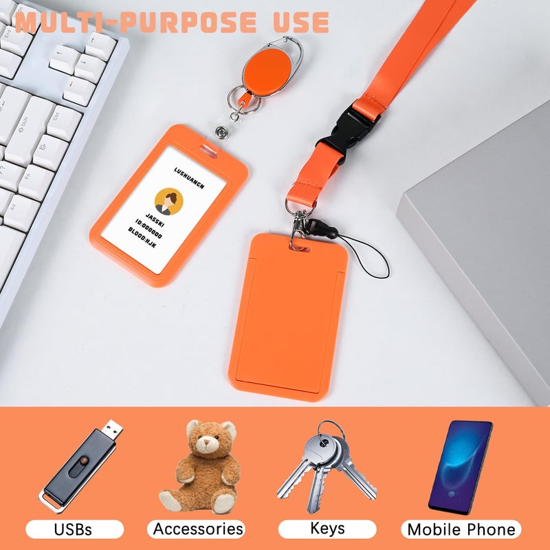 happyhbt Orange ID Key Card Holder Lanyard,Badge Holders Keychain with Retractable Oval reels,Vertical Credit Card Holder Name Protector,for Nurse Teacher Student Women Girl - Image 2