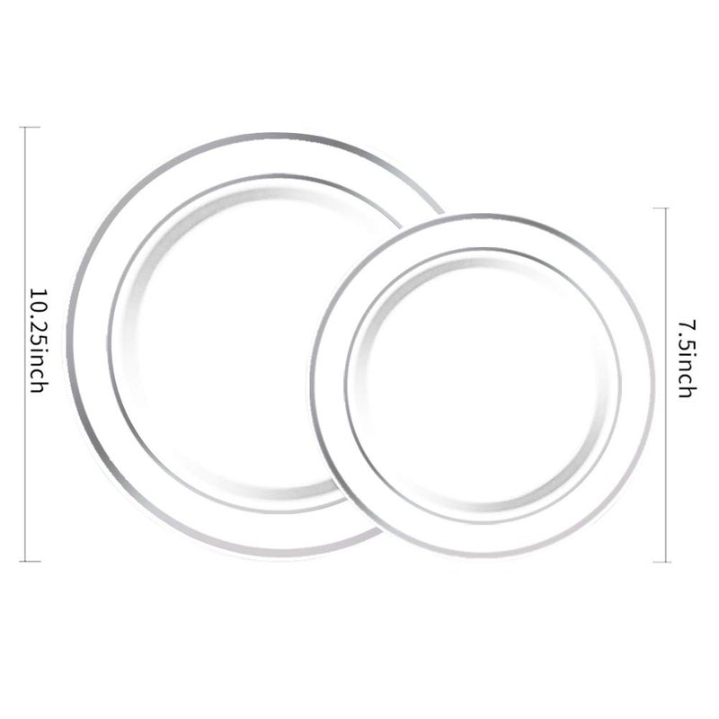 WDF 120PCS Plastic Christmas Plates White Silver Rim - Disposable Plastic Plates including 60 Plastic Dinner Plates 10.25inch  60 Salad/Dessert Plates 7.5inch Heavy Duty Wedding/Christmas Plates - Image 3