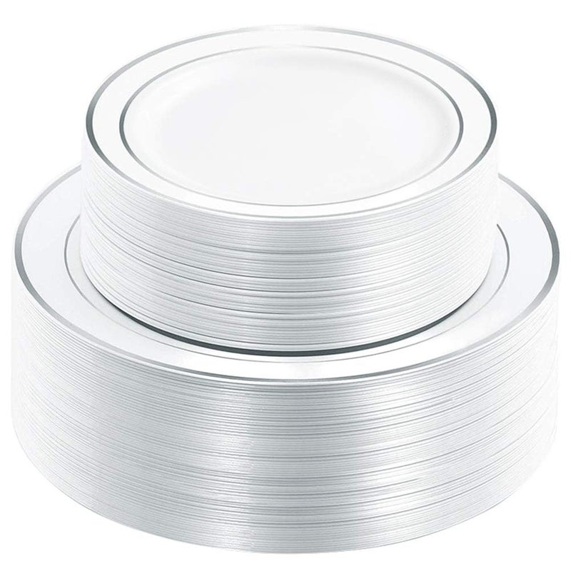 WDF 120PCS Plastic Christmas Plates White Silver Rim - Disposable Plastic Plates including 60 Plastic Dinner Plates 10.25inch  60 Salad/Dessert Plates 7.5inch Heavy Duty Wedding/Christmas Plates - Image 1