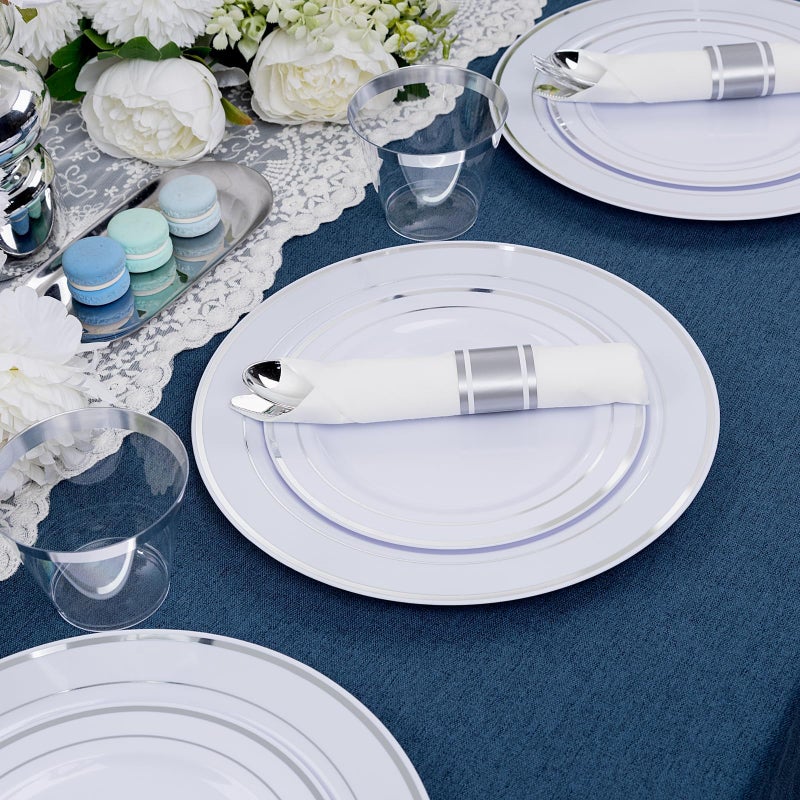 WDF 120PCS Plastic Christmas Plates White Silver Rim - Disposable Plastic Plates including 60 Plastic Dinner Plates 10.25inch  60 Salad/Dessert Plates 7.5inch Heavy Duty Wedding/Christmas Plates - Image 4