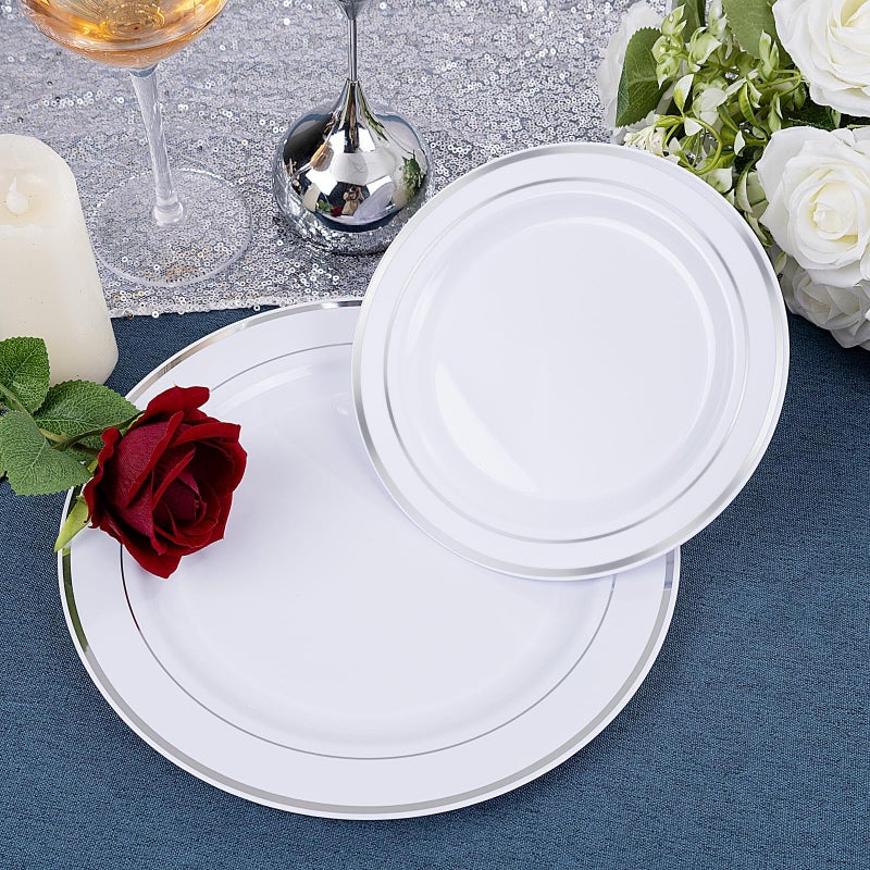 WDF 120PCS Plastic Christmas Plates White Silver Rim - Disposable Plastic Plates including 60 Plastic Dinner Plates 10.25inch  60 Salad/Dessert Plates 7.5inch Heavy Duty Wedding/Christmas Plates - Image 2