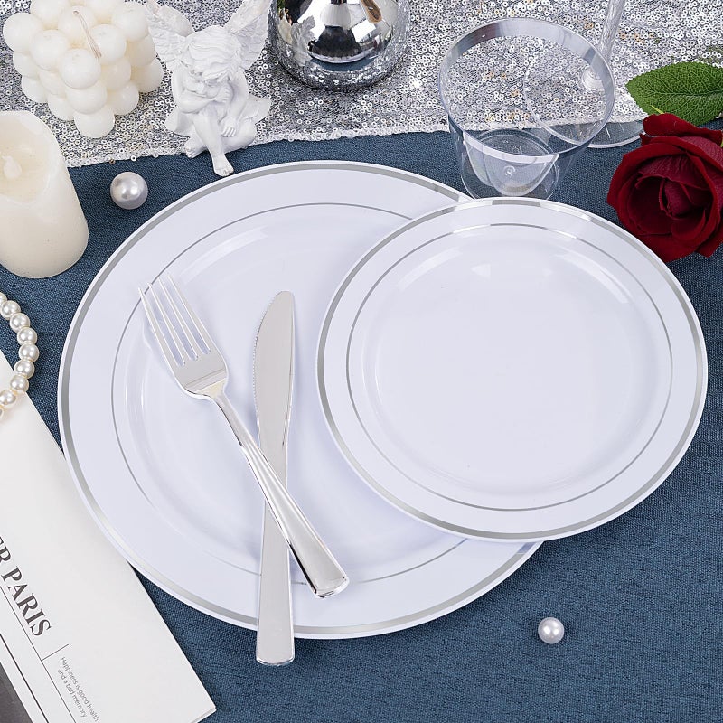 WDF 120PCS Plastic Christmas Plates White Silver Rim - Disposable Plastic Plates including 60 Plastic Dinner Plates 10.25inch  60 Salad/Dessert Plates 7.5inch Heavy Duty Wedding/Christmas Plates - Image 5