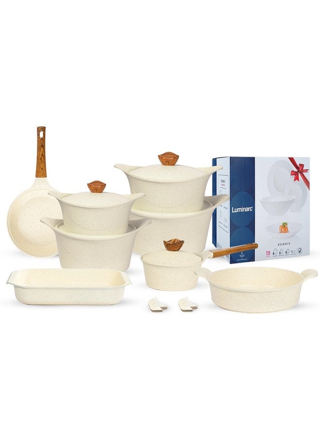 جلوري طقم حلل 36 قطعه جرانيت غير لاصق بريميوم  حلة( 18 + 20 + 24 + 28) + قارب 40 +  مقلايه 24+  صينيه 28 + كسرولة 18 + 4 ماسك + طقم ايسنس لومينارك 19ق هديه لون بيج - Image 1