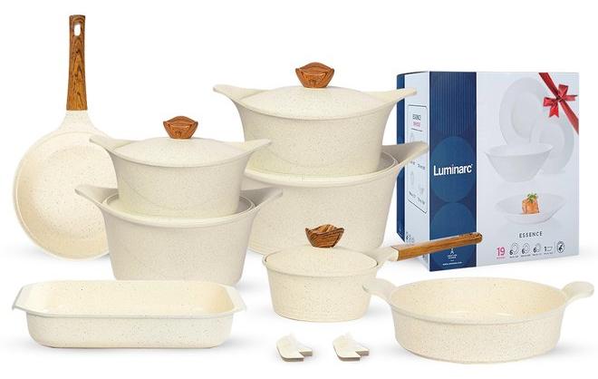 جلوري طقم حلل 19 قطعه جرانيت غير لاصق بريميوم  حلة( 18 + 20 + 24 + 28) + قارب 40 +  مقلايه 24+  صينيه 28 + كسرولة 18 + 4 ماسك + طقم ايسنس لومينارك 19ق هديه لون بيج - Image 1