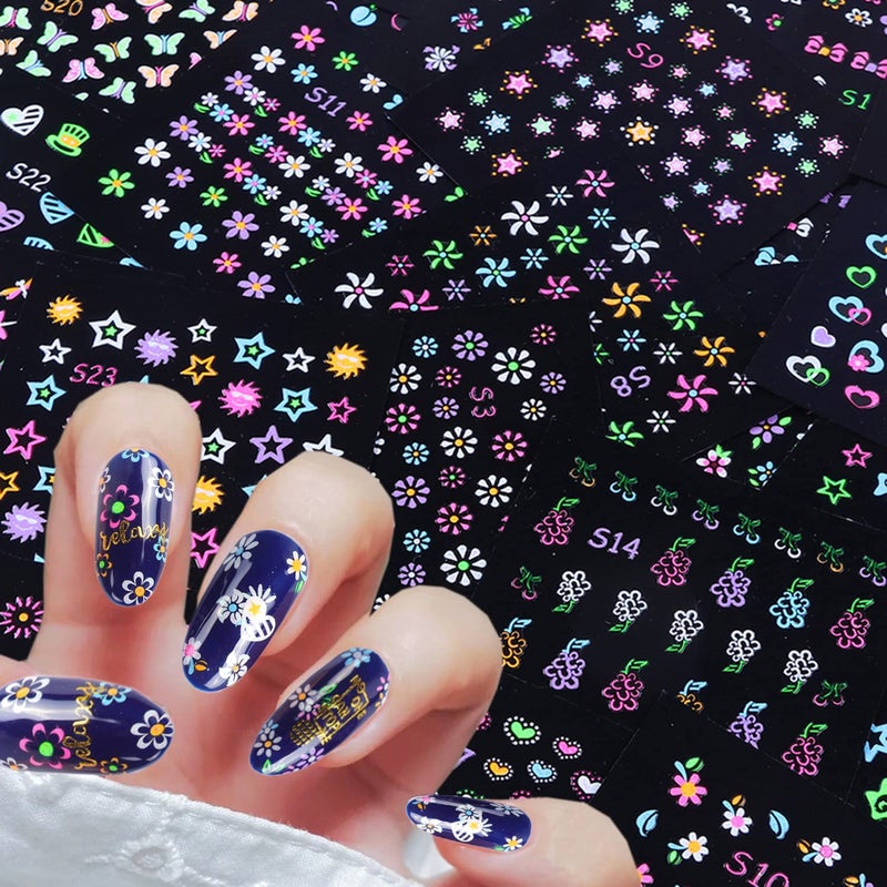 Luminous Fluorescent Nail Art Stickers 3D SelfAdhesive Nail Decals Flowers Butterfly Stars Heart Nail Design Glow Nails Supplies for Glitter Nail Decoration At Night Manicure Accessories 24 Sheets