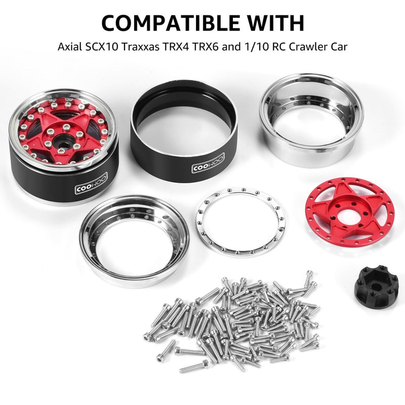 COOWOO RC Wheels Upgrade Parts  1.9 in Beadlock Wheels Adjustable Offset for 1/10 TRX6 TRX4 or SCX10 RC Trucks  Made of Aluminum Alloy  Pentagon-Shaped  Set of 4  Red - Image 4