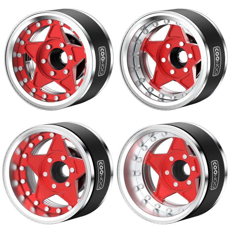 COOWOO RC Wheels Upgrade Parts  1.9 in Beadlock Wheels Adjustable Offset for 1/10 TRX6 TRX4 or SCX10 RC Trucks  Made of Aluminum Alloy  Pentagon-Shaped  Set of 4  Red - Image 1