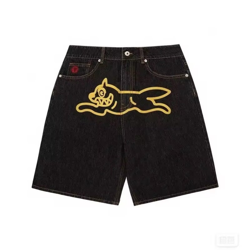 2024 Cross-border AliExpress European and American Flying Dog Printed Denim Shorts Mens High Street Trendy Ins Casual Fashion Pants Black yellow dog 