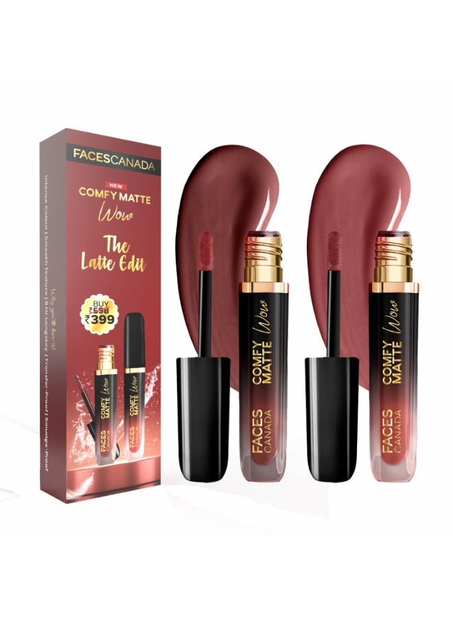 Facescanada FACES CANADA Comfy Matte Wow Liquid Lipstick - The Latte Edit, (3.8ml x 2) | Choco Couture 01 + Cocoa Crush 07 | Long Lasting | Matte Finish | Lipstick Combo | Pack of 2 - Image 1
