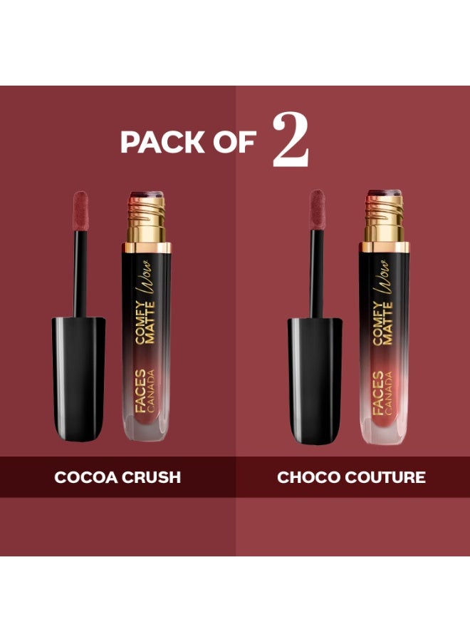 Facescanada FACES CANADA Comfy Matte Wow Liquid Lipstick - The Latte Edit, (3.8ml x 2) | Choco Couture 01 + Cocoa Crush 07 | Long Lasting | Matte Finish | Lipstick Combo | Pack of 2 - Image 3