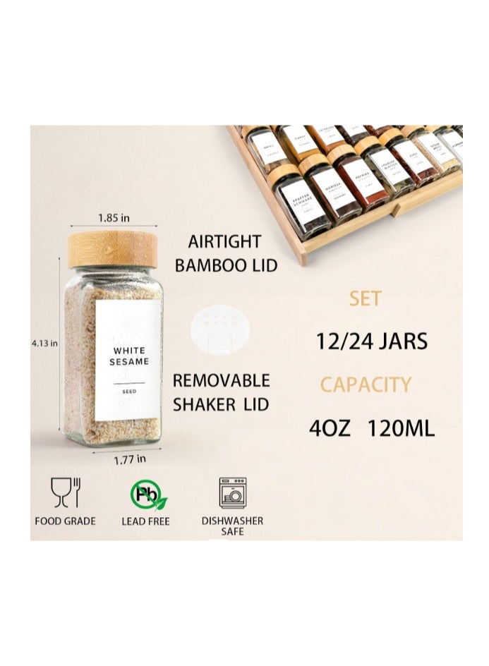 24 Pcs Glass Spice Jars with Bamboo Lids 4oz Airtight Square Spice Containers with 250 Labels Stickers Shaker Lids Collapsible Funnel Chalk Pen Seasoning Organizer for Kitchen Cabinet Spice Rack - Image 3