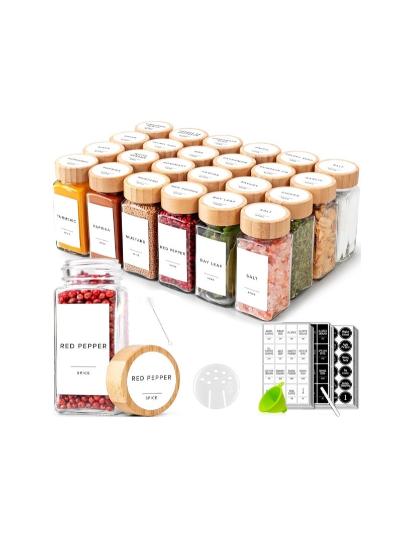 24 Pcs Glass Spice Jars with Bamboo Lids 4oz Airtight Square Spice Containers with 250 Labels Stickers Shaker Lids Collapsible Funnel Chalk Pen Seasoning Organizer for Kitchen Cabinet Spice Rack - Image 1