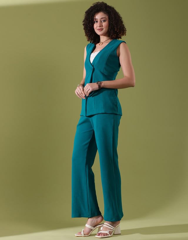 SIRIL Women's Co-ord Set Polyester Top and Trouser Pant Set |Two Piece Coord Set | Formal Cord Set (646CTK11304-XL_Teal Blue) - Image 3