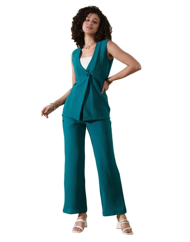 SIRIL Women's Co-ord Set Polyester Top and Trouser Pant Set |Two Piece Coord Set | Formal Cord Set (646CTK11304-XL_Teal Blue) - Image 1