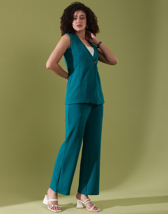 SIRIL Women's Co-ord Set Polyester Top and Trouser Pant Set |Two Piece Coord Set | Formal Cord Set (646CTK11304-XL_Teal Blue) - Image 4