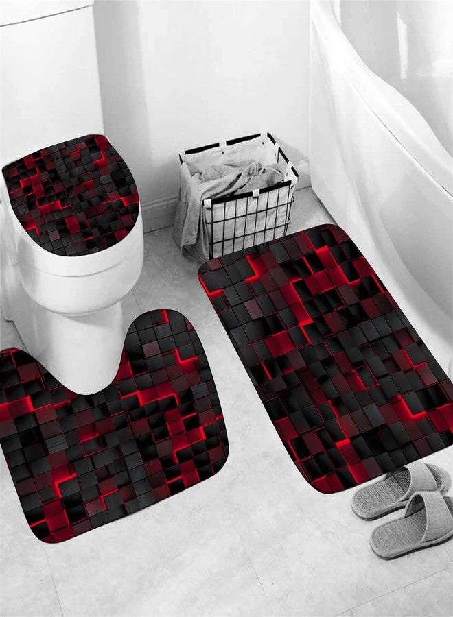 LQCOOL طقم ستارة حمام LQCOOL مكون من 4 قطع، ستارة حمام سوداء ثلاثية الأبعاد بتصميم مكعبات، طقم حمام عصري مع ستارة حمام وسجادة، ستارة حمام حمراء مع 12 خطافًا. - Image 4