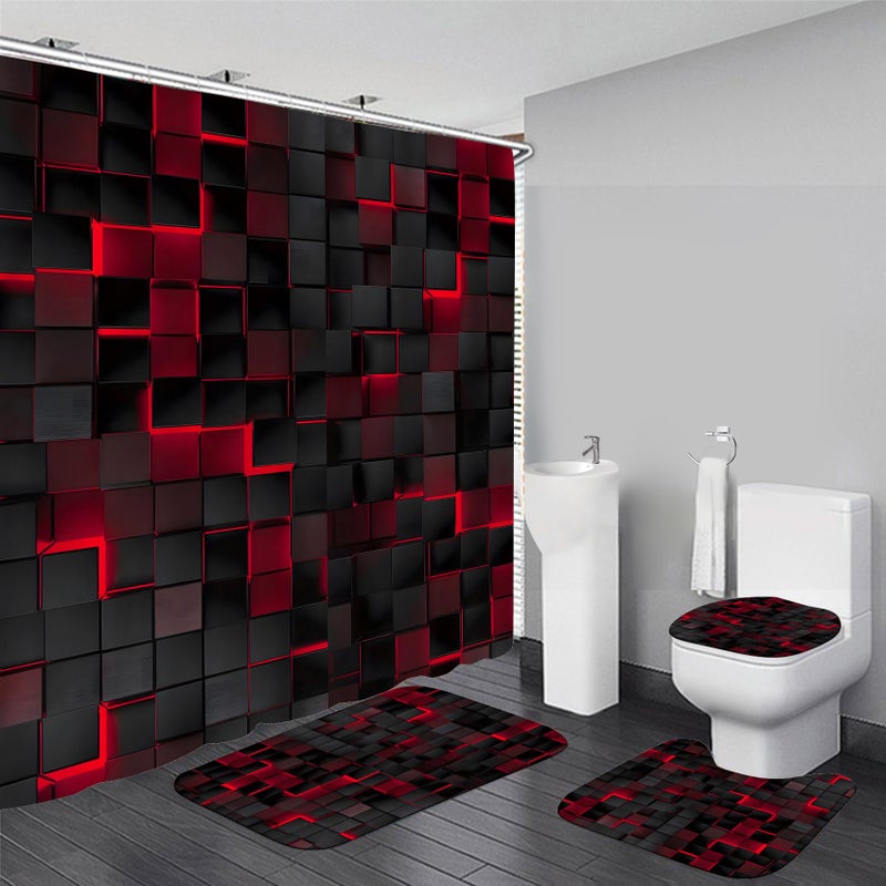 LQCOOL طقم ستارة حمام LQCOOL مكون من 4 قطع، ستارة حمام سوداء ثلاثية الأبعاد بتصميم مكعبات، طقم حمام عصري مع ستارة حمام وسجادة، ستارة حمام حمراء مع 12 خطافًا. - Image 1