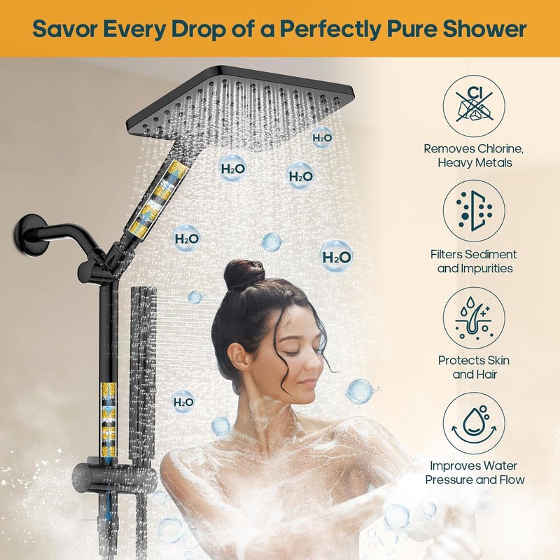 Hombeter Filtered Shower Head with Handheld Combo High Pressure Shower Head with Filters 10 Inch Rain Shower Head Height Adjustable Dual Water Softener Shower Head for Hard Water - Removes Chlorine - Image 4