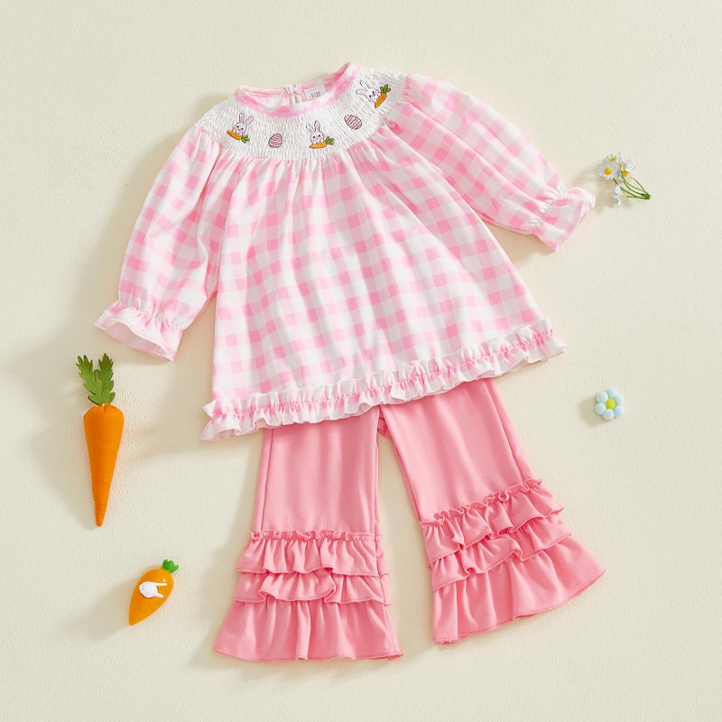 BemeyourBBs Toddler Baby Girl Easter Outfits Long Sleeve Shirts Tunic Top and Ruffle Pants Set Cute Infant Clothes (Smocked Bunny Pink, 18-24 Months) - Image 4