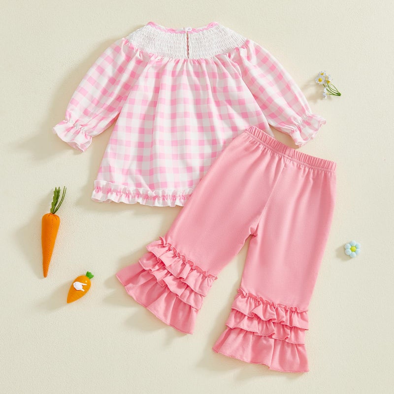 BemeyourBBs Toddler Baby Girl Easter Outfits Long Sleeve Shirts Tunic Top and Ruffle Pants Set Cute Infant Clothes (Smocked Bunny Pink, 18-24 Months) - Image 5